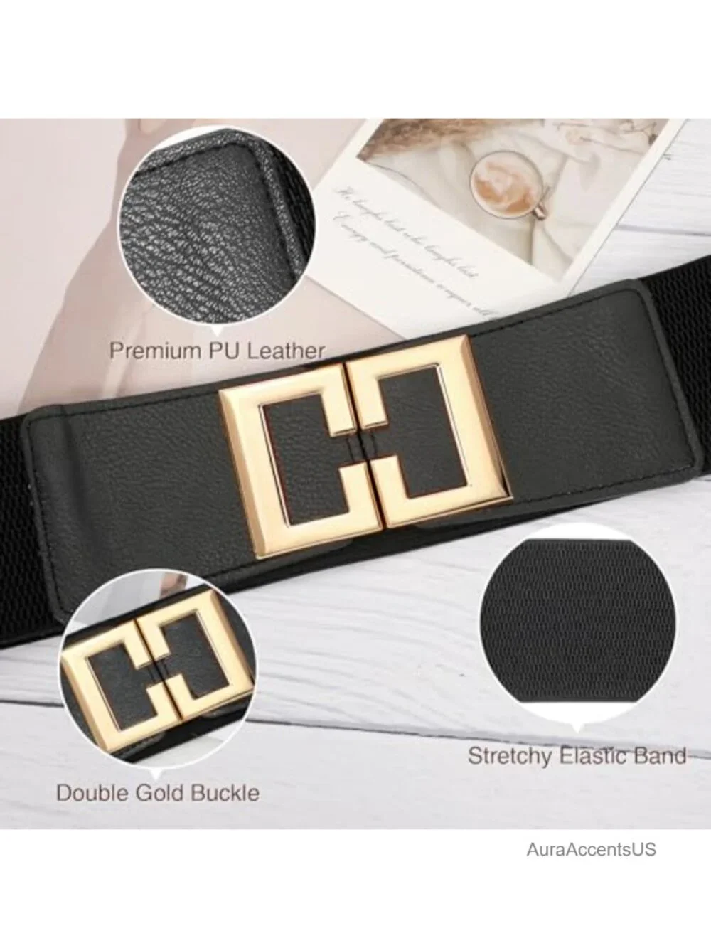 Wide Elastic Belt with Gold Buckle Stretchy Waist Belt for Dresses
